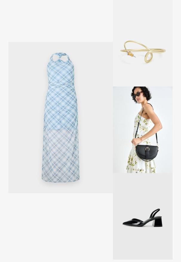 Šviesiai mėlyna halter tipo suknelė su langelių raštu, su prigludusia liemene ir laisvai krintančia, permatoma sijonu. Medžiaga atrodo lengva ir lygi.; Juodos lakuotos odinės šlepetės su smailiu pirštu ir geometriniu bloko kulnu. Turi elegantišką, minimalistinį dizainą ir lygų paviršių.; Juodas odinis krepšys su išlenkta forma, nuimamu dirželiu ir auksiniais detalėmis. Krepšys turi kilpą su sagtimi.; Auksinės spalvos metalinė apyrankė su skysčiu, kreipiančiu dizainu. Viename gale yra mažas, išsiskiriantis, sidabrinės spalvos akcentas.