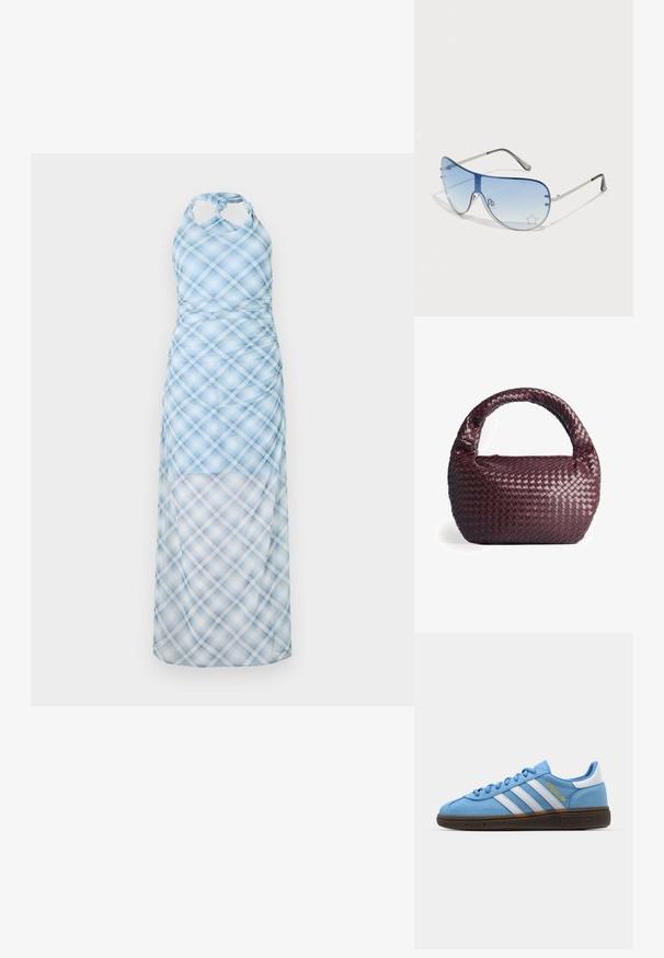Jasnoniebieska sukienka na ramiączkach z wzorem w kratę, z dopasowaną górą i zwiewnym, przezroczystym dołem. Materiał wydaje się lekki i gładki.; Jasnoniebieskie zamszowe trampki z białymi skórzanymi paskami, brązową teksturowaną podeszwą i złotym logo. Niskoprofilowy design z zaokrąglonym czubkiem.; Okulary przeciwsłoneczne typu aviator z gradientowymi niebieskimi szkłami, srebrną metalową oprawą oraz dekoracyjnymi akcentami w kształcie gwiazdek na soczewkach. Gładki i elegancki design.; Torebka w kolorze burgundowym, wykonana z plecionego materiału, o zaokrąglonym kształcie, z grubym uchwytem i teksturowaną skórą. Posiada gładką, błyszczącą powierzchnię oraz zamek błyskawiczny.