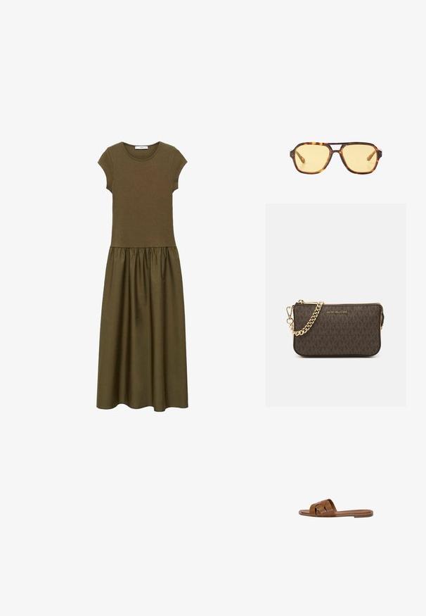 Olívovo zelené šaty s krátkymi rukávmi, priliehavým vrchom a rozšírenou, nariasenou sukňou. Vyrobené z mäkkej látky s hladkou textúrou. Žiadne viditeľné kovania.; Hnedé kožené šľapky s krížovými popruhmi, plochou podrážkou a hladkým povrchom. Jednoduchý dizajn bez ozdôb alebo vzorov.; Korytnačie slnečné okuliare s geometrickým dizajnom, žltými sklami a kovovými akcentmi na spánkoch. Široký rám a matný povrch.; Hnedá kožená crossbody taška s logom, zlatým reťazcom, zipsovým uzáverom a zlatými prvkami. Kompaktnej a obdĺžnikovej forme.