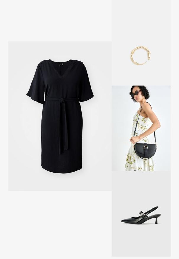Robe noire jusqu'aux genoux avec des manches courtes évasées, décolleté en V, détails en dentelle et une ceinture en tissu pour un taille définie. Tissu lisse et texturé.; Escarpins slingback en cuir verni noir avec un bout pointu et un petit talon bloc, mettant en avant un accent en boucle argentée sur la sangle.; Sac à main en cuir noir avec une forme courbée, bandoulière amovible et des accessoires en or. Le sac est doté d'un rabat avec un détail de boucle.; Bague en or ornée d'un design organique et torsadé, avec une texture lisse et des extrémités effilées, créant une apparence moderne et sculpturale.