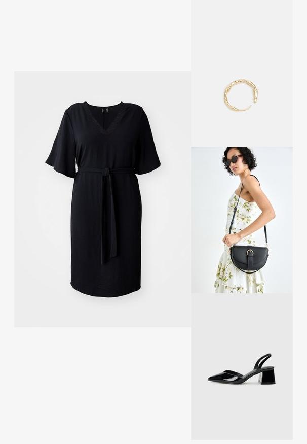 Schwarzes knielanges Kleid mit kurzen, ausgestellten Ärmeln, V-Ausschnitt, Spitzenverzierungen und einem Stoffgürtel für eine definierte Taille. Glatte, strukturierte Stoffqualität.; Schwarze Lackleder-Slingback-High Heels mit spitzem Schuh und einem geometrischen Blockabsatz. Verfügt über ein schlankes, minimalistisches Design und eine glatte Textur.; Schwarze Lederhandtasche mit geschwungener Form, abnehmbarem Tragegurt und goldenen Beschlägen. Die Tasche verfügt über einen Deckel mit einer Schnallen-Details.; Goldfarbener Ring mit einem organischen, gedrehten Design, glatter Oberfläche und sich verjüngenden Enden, was ein modernes, skulpturales Erscheinungsbild erzeugt.