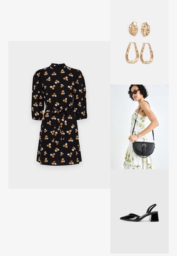 Vestido preto com um decote alto, mangas bufantes de três quartos e cintura com cinto. Apresenta um padrão floral em branco e laranja.; Sandy em verniz preto com salto slingback, ponta afilada e salto geométrico. Apresenta um design elegante e minimalista com textura suave.; Bolsa de couro preta com forma curva, alça destacável e detalhes em dourado. A bolsa possui uma aba com detalhe de fivela.; Brincos em tom de ouro com formas onduladas e texturizadas. Inclui studs escultóricos com presilha e um design de argola aberta com um acabamento martelado.