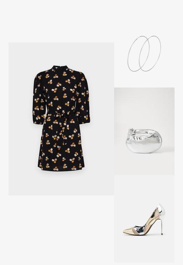 Čierne šaty s vysokým výstrihom, trojštvrťovými pufovými rukávmi a opaskom v páse. Obsahujú kvetinový vzor v bielej a oranžovej farbe.; Lodičky s špičatou špičkou v striebornom, zlatom a telovom farebnom prevedení. Lesklý povrch s výrezovým dizajnom, s ihlovým opätkom.; Strieborná metalická taška s mäkkým, zaobleným tvarom a uzáverom s uzlíkom. Vyrobená z hladkej syntetickej kože.; Strieborné kruhové náušnice s minimalistickým dizajnom. Cirkulárny tvar, hladký povrch a tenký profil. Ľahké s lesklým povrchom.
