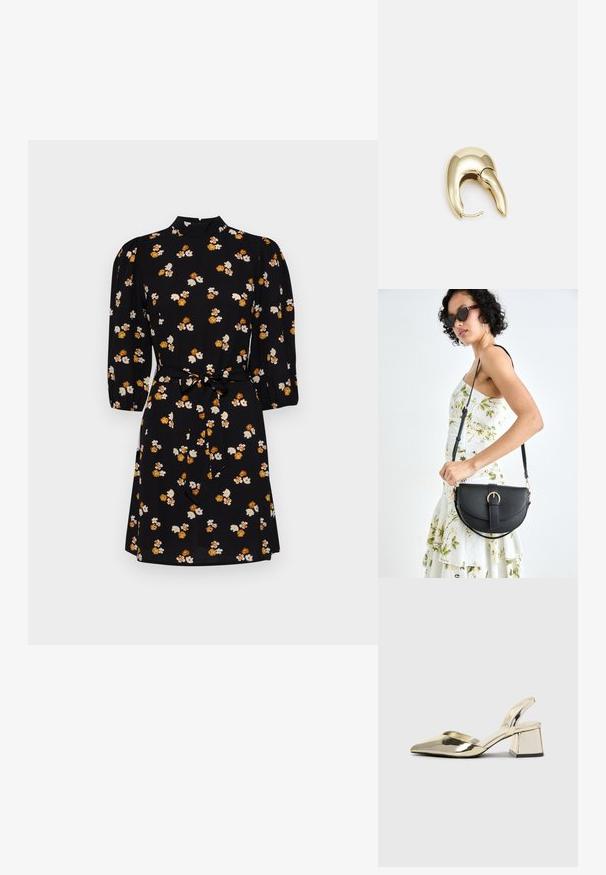 Juoda suknelė su aukštu kaklu, trim ketvirtadaliu pufinėmis rankovėmis ir juosmeniu su dirželiu. Papuošta baltais ir oranžiniais gėlių raštais.; Auksiniai, metaliniai slingback aukštakulniai bateliai su smailiu pirštu ir masyviu kulnu. Lygus paviršius, minimalizmo dizainas ir siaura juostelė.; Juodas odinis krepšys su išlenkta forma, nuimamu dirželiu ir auksiniais detalėmis. Krepšys turi kilpą su sagtimi.; Aukso tono metalinės auskarai su stilingu, kreiviu dizainu. Išsiskiria ryškiu smailiu pavidalu, poliruota paviršiumi ir užsegimu su vyriu.