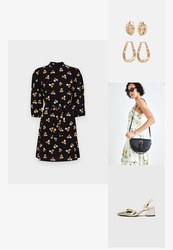 Rochie neagră cu gât înalt, mâneci bufante de trei sferturi și talie cu brâu. Prezintă un model floral în alb și portocaliu.; Pantofi cu toc slingback metalici aurii, cu vârf ascuțit și toc chunky. Textură netedă, design minimalist și o curea subțire.; Geantă din piele neagră, cu o formă curbată, curea detașabilă și accesorii aurii. Geanta are un capac cu un detaliu tip cataramă.; Cercei aurii cu forme texturate și ondulate. Include studs sculpturale cu clip și un design de cerc deschis cu un finisaj cioplit.