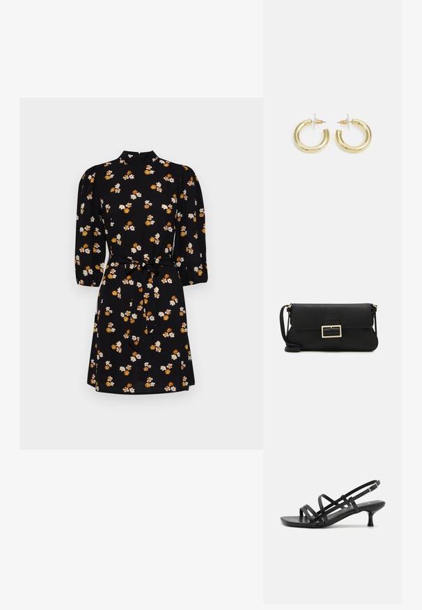Czarna sukienka z wysokim dekoltem, rękawami do łokcia o fasonie bufki i paskiem w talii. Posiada wzór kwiatowy w bieli i pomarańczu.; Czarne sandały na obcasie z wieloma krzyżującymi się paskami. Gładki materiał, szpiczasty czubek i wąski obcas. Regulowany pasek wokół kostki z klamrą.; Czarna skórzana torebka kopertowa z klapką i detalem w postaci złotej metalowej klamry. Zawiera czarny pasek oraz elegancki, minimalistyczny design.; Złote kolczyki w kształcie kółek o gładkim, błyszczącym wykończeniu. Okrągły design z małym klipsem i przezroczystym zapięciem zapewniającym bezpieczne noszenie.