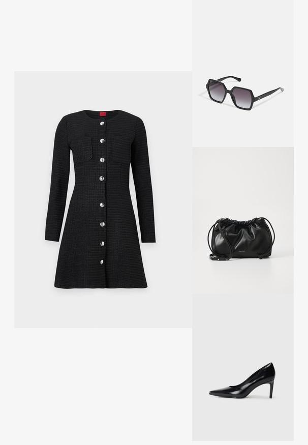 Svart teksturert kjole med lange ermer, rund halsutskjæring, knapplukking foran, to brystlommer og blanke sølvknapper.; Sorte skinnhøye hæler med spiss tå, glatt tekstur og avsmalnet hæl. Minimalistisk design, ingen ekstra dekorasjoner.; Svart sekskantede solbriller med gradientlinser, med en blank finish og subtil merkevareføring på stangen. Slitesterk plastkonstruksjon.; Svart lærveske med samlet design, dobbel snoråpning og avtagbar skulderrem. Har metallisk logodetalj.