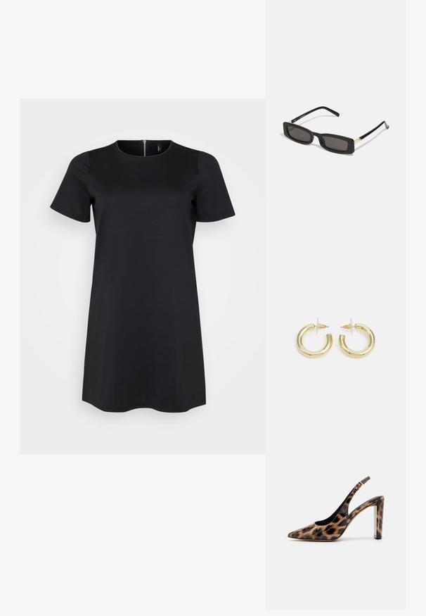 Rochie scurtă neagră cu mâneci scurte, decolteu rotund și închidere cu fermoar la spate. Confecționată dintr-un material neted și elastic pentru confort.; Pantof cu toc înalt, cu imprimeu leopard, cu vârf ascuțit și toc transparent. Fabricat dintr-un material lucios, cu o textură netedă.; Ochelari de soare rectangulari negri cu lentile întunecate, rame din plastic lucios și accente aurii pe tample. Design minimalist și formă elegantă.; Cercei cercuri din aur cu un finisaj neted și strălucitor. Design circular cu un mic suport și un spate transparent pentru o purtare sigură.