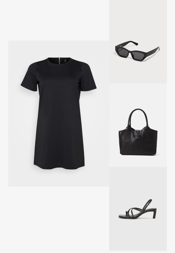 Musta lyhythihainen mekko, jossa on pyöreä kaula-aukko ja vetoketjusuljenta takana. Valmistettu sileästä, joustavasta kankaasta mukavuutta varten.; Mustat hihnalligat, joissa on neliön muotoinen kärki ja matala lohkokorko. Ominaisuuksiin kuuluu useita ohuita hihnoja ja säädettävä nilkkahihna. Valmistettu sileästä nahasta.; Mustat suorakaiteen muotoiset aurinkolasit, joissa on paksut kehykset, tummat linssit ja kulmikas muotoilu. Suoraa muovimateriaalia ilman näkyviä kuvioita tai koristeita.; Musta nahkainen olkalaukku, jossa on sileä pinta, ryhdikäs muoto, kaksi kahvaa ja silmienpistävä hopeinen solkiyksityiskohta edessä.; Hopeinen kaksinkertainen rengas, jossa on sileä, kiillotettu pinta. Siinä on sulava, kaareva muotoilu, jossa on päällekkäisiä osia modernin ilmeen saavuttamiseksi.