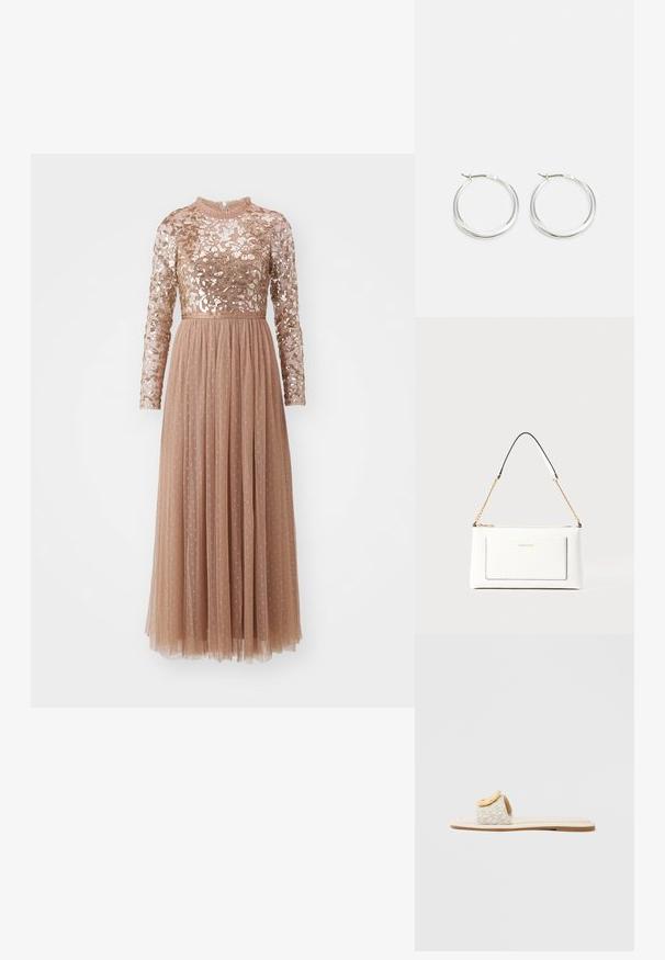 Needle & Thread TEMPEST BODICE ANKLE GOWN - Robe de cocktail - caramel; Sandale à enfiler avec une bride beige ornée d'un motif géométrique, un accent arrondi jaune sur la partie supérieure, et une semelle plate et claire.; Sac à main en cuir blanc avec un fini texturé, doté d'une bandoulière en chaîne dorée et d'accents noirs. Comprend une poche avant et une fermeture éclair.; Les boucles d'oreilles en argent en forme de créole présentent un design lisse et arrondi avec un profil fin et un fermoir sécurisé. Style minimaliste avec une finition polie.