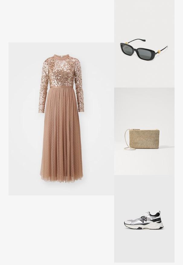 Needle & Thread TEMPEST BODICE ANKLE GOWN - Robe de cocktail - caramel; Baskets de sport argentées et blanches avec un matériau en mesh et synthétique, un col rembourré, des accents noirs et une semelle épaisse. Détail du logo noir sur le côté.; Lunettes de soleil noires rectangulaires avec des verres gris et des accents dorés en forme de tête de lion sur les branches. Monture en plastique lisse, design épuré.; Loeffler Randall YASMINE FLAT CLUTCH - Sac bandoulière - gold