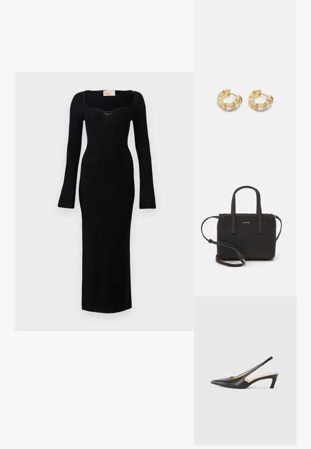 Černé žebrované šaty s dlouhým rukávem, čtvercovým výstřihem a akcentem ve tvaru srdce na hrudi. Přiléhavý střih sahá do poloviny lýtek.; Černý špičatý slingback s nízkým podpatkem, vyrobený z hladké kůže, s výřezem na boku pro lepší prodyšnost.; Černá kabelka s dvojitými krátkými uchy a odnímatelným ramenním popruhem. Hladký koženkový materiál s uzávěrem na zip a detailem loga.; Zlaté kruhové náušnice s texturovaným designem a třemi jasnými krystalovými akcenty na jedné straně, které nabízejí moderní geometrickou estetiku.