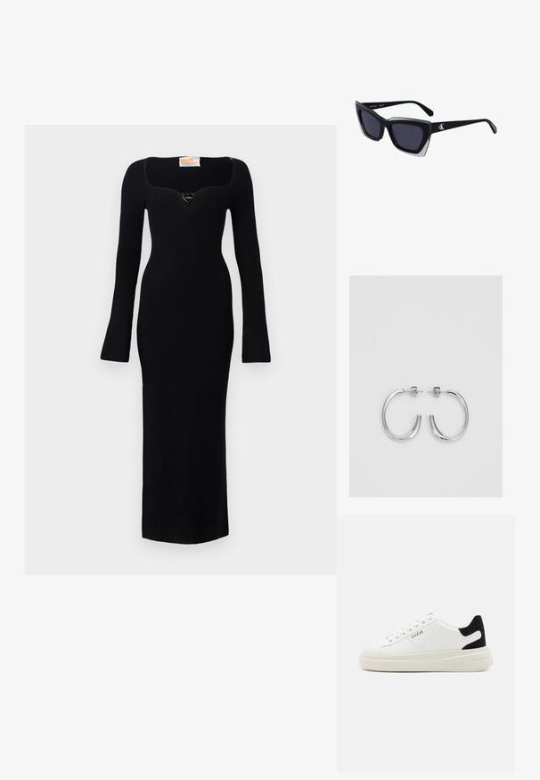 Czarna, prążkowana sukienka z długim rękawem, o kwadratowym dekolcie i sercowym akcentem na piersi. Dopasowany krój sięga do połowy łydki.; Białe skórzane sneakersy z grubą białą podeszwą, czarnym zamszowym akcentem na pięcie oraz wytłoczonym logotypem z boku. Projekt z sznurówkami i sześcioma dziurkami.; Czarne, oversize okulary przeciwsłoneczne o geometrycznym kształcie, z ciemnymi soczewkami i kontrastującym szarym detalem na oprawie. Logo na ramieniu.; Srebrne kolczyki koła o gładkiej, błyszczącej powierzchni, z zakrzywionym kształtem i zapięciem na sztyft. Minimalistyczny design z nowoczesnym wykończeniem.