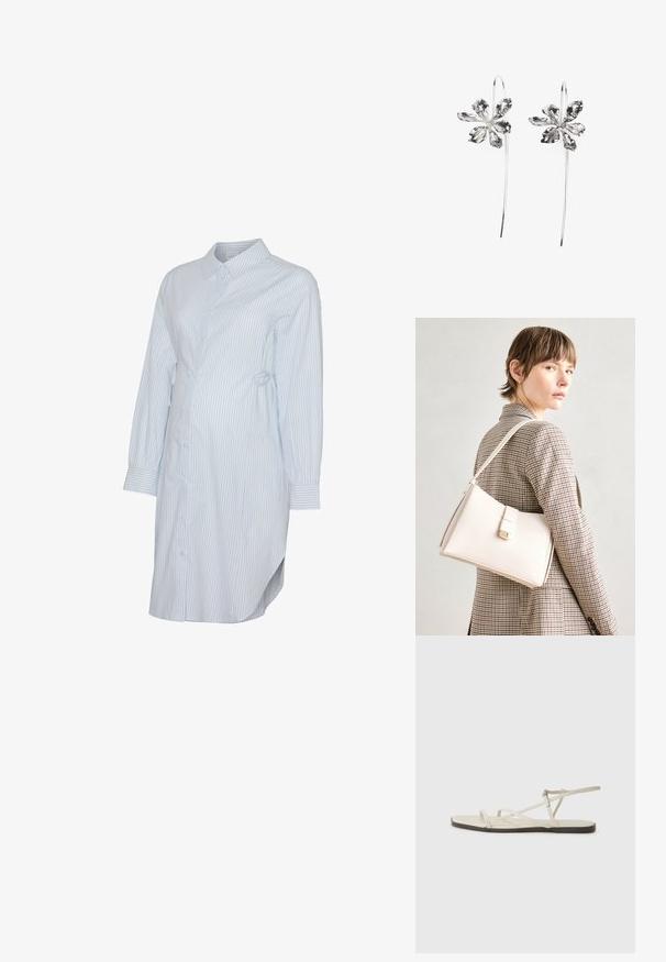 Gestreiftes Hemdblusenkleid in Hellblau und Weiß, aus Baumwolle. Mit Kragen, langen, mit Knöpfen versehenen Ärmeln und einem verstellbaren Taillengürtel.; Beige flache Sandale mit mehreren schlanken Riemen und einer verstellbaren Schnalle. Die Sohle ist flach und hat einen leichten dunklen Kontrast am Rand.; Weiße Lederhandtasche mit strukturiertem Design, ausgestattet mit einem Magnetverschluss und einem Schulterriemen, präsentiert vor einem neutralen Hintergrund.; Silberne blumenförmige Ohrringe mit strukturiertem Finish, die lange Haken und blütenblattartige Details für ein filigranes Design aufweisen.