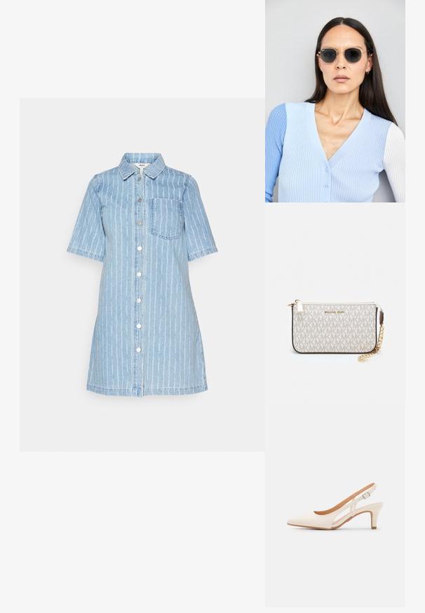 Hele helesinist sinine teksatooted riided, lühikeste varrukatega, vertikaalsete valgete triipudega, kraega kaelus, esipaneelil nupukinnitus ja üks rinna tasku.; Valge slingback konts, terava ninaga, siledast ülemisest materjalist, madala ploki kontsaga ja külgse nähtavusega ning reguleeritava pandla rihmaga.; Ringikujulised prillid tumedate läätsede ja kullast raamiga. Mudel on selga pannud helesinise soonikuga kardigani, millel on nupud ja kontrastsed valged varrukad.; Michael Korsi randmevõru beige kaetud kangast, millel on korduv MK logo muster, kuldne riistvara ja eemaldatav ahelistrap.