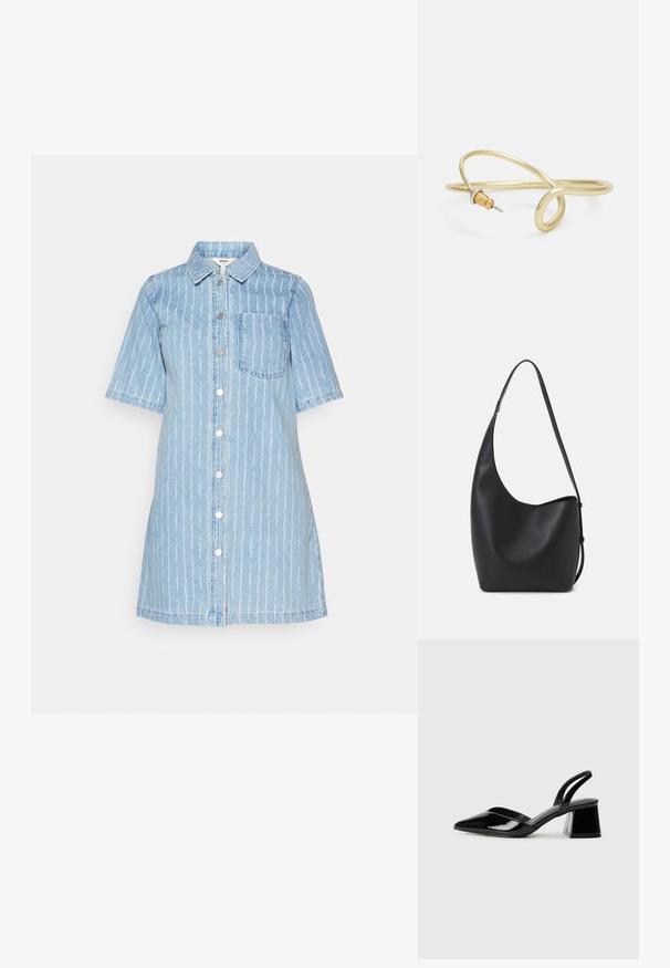 Hele helesinist sinine teksatooted riided, lühikeste varrukatega, vertikaalsete valgete triipudega, kraega kaelus, esipaneelil nupukinnitus ja üks rinna tasku.; Mustad musta lakknahk kingad, millel on terav varvas ja geomeetriline plokkkonts. Omab elegantselt minimalistlikku disaini ja sujuvat tekstuuri.; Mustast nahast hobo kott, millel on sile tekstuur, kumer kuju ja üks reguleeritav rihm; peal on lai avaus.; Kuldne metallist käevõru, millel on voolav ja kõver disain. Ühel otsal on väike, silmapaistev hõbedane aktsent.