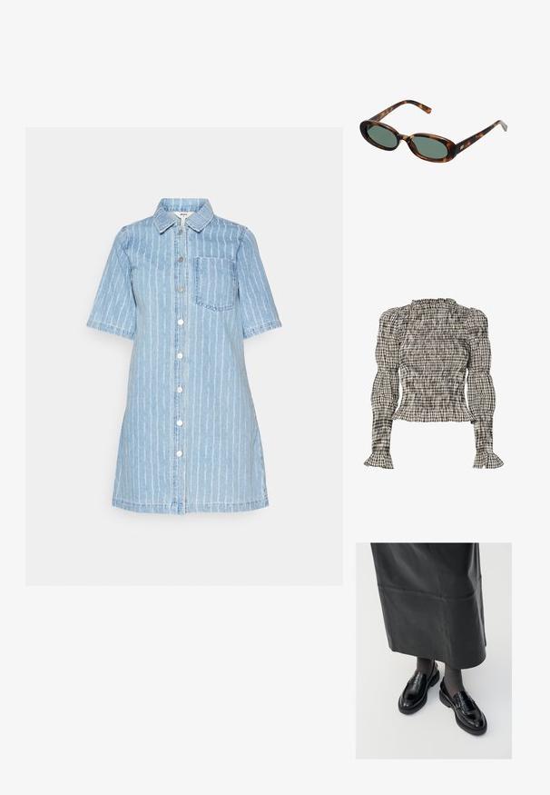 Gaišzila džinsu kleita ar īsām piedurknēm, vertikālām baltām svītrām, apkakles kakla izgriezumu, priekšējo pogu aizdari un vienu krūšu kabatu.; Smocked blūze ar rūtainu rakstu melnā, baltā un bežā krāsā. Rūtainā apmale ap kaklu un aprocēm, garas piedurknes, īsāka piegriezuma.; Melni ādas loafers ar gludu apdari, ar dekoratīvu jostu, apaļu pirkstu un teksturētu zoli. Valkāti ar garu melnu ādas svārku.; Bruņurupuča apvalka saulesbrilles ar ovālām rāmēm un zaļiem stikliem. Rāmjiem ir plānas kājas ar metāla akcentu tuvu eņģēm.; Sudraba metāla auskari ar viļņainu, skulpturālu dizainu, kas izceļas ar pulētu apdari un neregulārām formām, uzsverot mūsdienīgu estētiku.