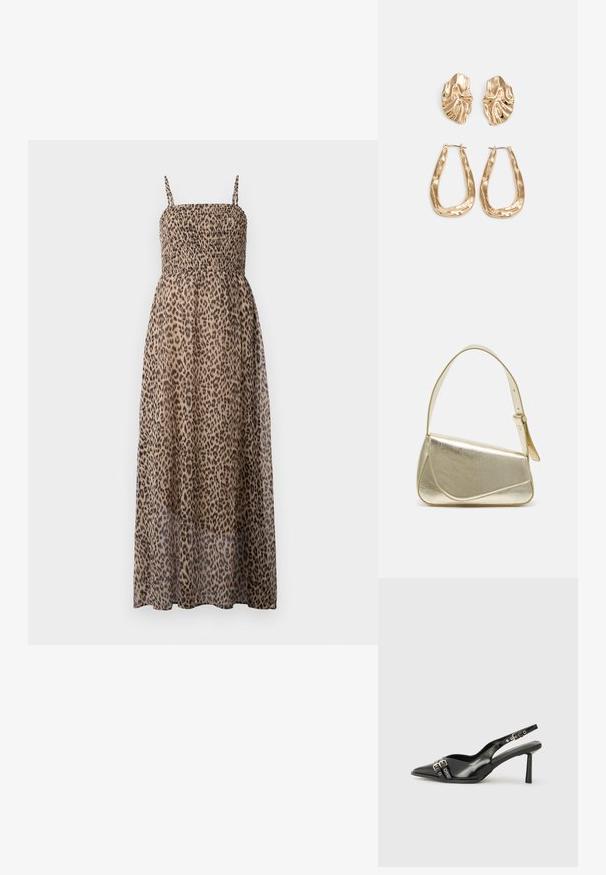 Maxi šaty s leopardím vzorom, s naťahovaným živôtikom, tenkými ramienkami a priesvitným materiálom. Majú voľný, ľahký strih.; Čierne lakované kožené slingback topánky s špicatou špičkou, remienkami okolo členku s striebornými prackami a hardvérom, a štíhlým podpätkom.; Zlatá metalická kabelka so štruktúrovaným dizajnom, hladkou textúrou a nastaviteľným popruhom. Obsahuje jedinečný trojuholníkový tvar a minimalistické šitie.; Náušnice v zlatej farbe s textúrovanými, vlnitými tvarmi. Obsahujú sochárske klipsové náušnice a otvorený tvar krúžku s kladivkovým povrchom.