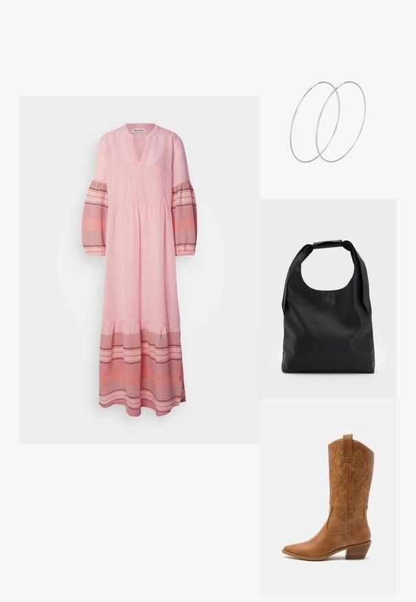 Lollys Laundry DRESS - Maksi suknelė - dusty rose; Ruda odinė kantri batai su smailiu būtų pirštu, siuvinėtais spiralės raštais ant viršaus ir su kamščiu blokuotu kulnu. Yra tamprių užtraukių, kad būtų lengviau užsidėti.; Juoda odinė hobo tipo rankinė su viena minkšta, apvalia rankena; pasižymi lygiu paviršiumi ir minimalizmu. Nėra matomų detalių ar akcentų.; Sidabrinės pusmėnulio auskarai minimalistiniu dizainu. Apskritimo forma, lygus paviršius ir plonas profilis. Lengvi su poliruotu apdailu.