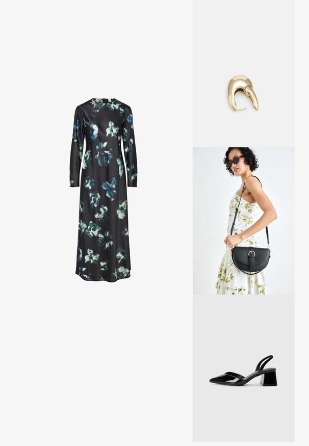 Fekete anyagból készült, hosszú ujjú ruha, kék és zöld virágmintával. Kerek nyakkivágás, egyszerű, letisztult szabásvonallal.; Fekete lakk bőr szandálkés magas sarkú cipő, hegyes orral és geometrikus tömbsarkakkal. Karcsú, minimalista dizájn és sima textúra jellemzi.; Fekete bőrtáska ívelt formával, levehető pánttal és arany színű fémrészekkel. A táskán egy csattal díszített fedél található.; Aranyszínű fém fülbevaló, elegáns, ívelt formával. Különleges hegyes alak, fényes felszín és zsanéros záródás jellemzi.
