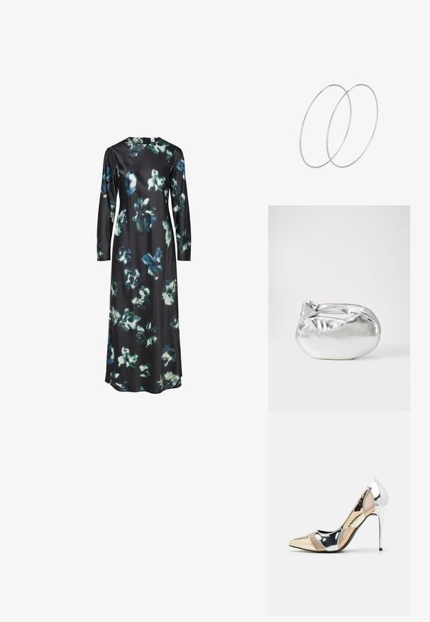 Sukienka z długim rękawem w czarnym kolorze, z kwiatowym wzorem w odcieniach niebieskiego i zielonego. Okrągły dekolt i prosty, elegancki krój.; Czółenka na wysokim obcasie z wąskim noskiem w kolorze srebrnym, złotym i nude. Lśniące wykończenie z wycięciami, z obcasem w stylu stiletto.; Srebrna metaliczna torba worek o miękkim, zaokrąglonym kształcie i zawiązywanym z góry zapięciem. Wykonana z gładkiego materiału imitującego skórę.; Srebrne kolczyki w formie obręczy o minimalistycznym designie. Okrągły kształt, gładka faktura i cienki profil. Lekkie, z polerowanym wykończeniem.