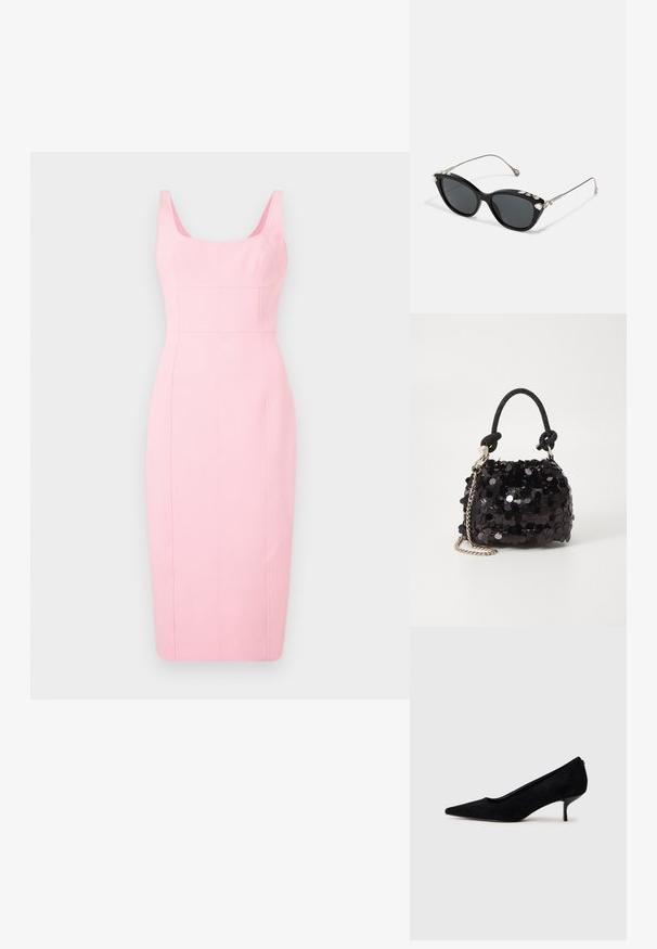 Pennkjole i lys rosa, med en tettsittende silhuett, brede stropper, firkantet halsutskjæring og vertikal sømdetaljering langs kroppen.; Sorte semskede høyhælte sko med spiss tå og slank, lav hæl. Glatt tekstur med et elegant design, uten synlig maskinvare.; Sorte katteøye solbriller med grå linser, som har en metallramme og dekorative rhinestones langs den øverste kanten. Minimalistisk design med elegante linjer.; Svart paljettmini-veske med en knyttet teksturert stropp og sølvkjede. Rund form med samlet topp og reflekterende detaljer.