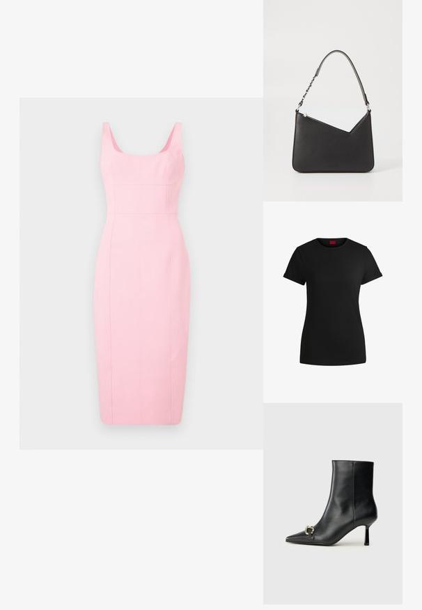 Pennkjole i lys rosa, med en tettsittende silhuett, brede stropper, firkantet halsutskjæring og vertikal sømdetaljering langs kroppen.; Svart bomulls-t-skjorte med korte, rullede ermer, rund halslinning og rød etikett. Glatt tekstur, tettsittende fasong med minimale detaljer.; Sorte lær ankle boot med spiss tå, slank mid-høyde hæl og sølvspenne på siden mot en enkel bakgrunn.; Svart lærveske med trekantet form, en slank stropp og sølvfarget detaljer. Har glidelåslukking og preget logo på forsiden.