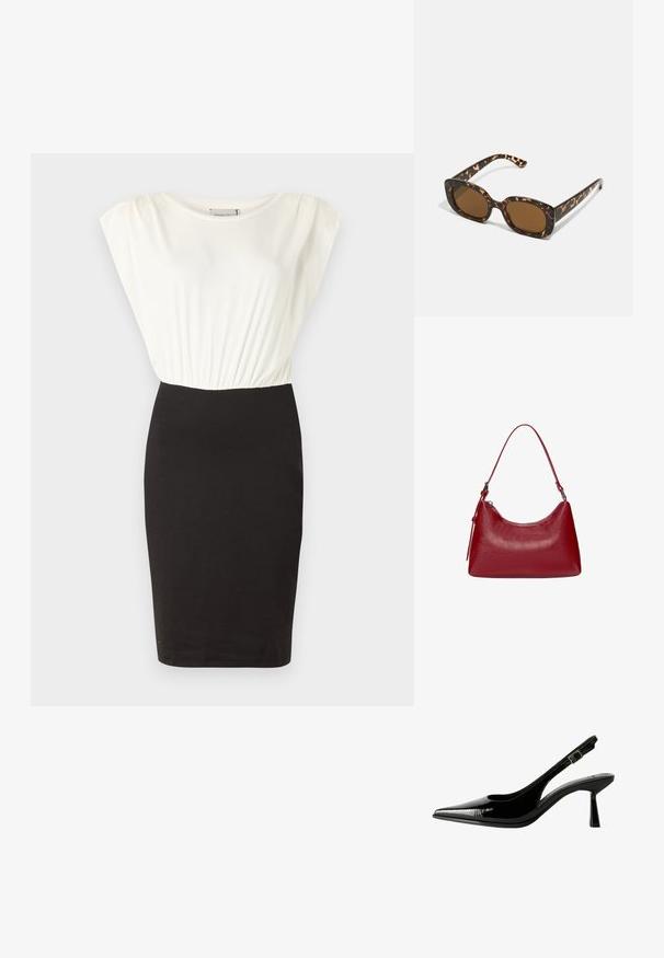 Sukienka z białą, krótką bluzką i dopasowaną czarną spódnicą. Gładki materiał z marszczonym detalem w talii, długość do kolan.; Czarne lakierowane pantofle na obcasie typu slingback z ostrym noskiem, wyciętymi bokami, regulowanym paskiem na kostce i cienkim, smukłym obcasem.; Okulary przeciwsłoneczne w kratkę z zaokrągloną, grubą oprawą i brązowymi soczewkami. Posiadają subtelne wzory oraz proste, zwężane zauszniki.; Czerwona skórzana torebka na ramię o zakrzywionym kształcie, gładkiej fakturze i zamek błyskawiczny. Posiada cienką rączkę do noszenia.