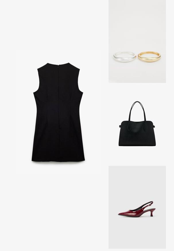Zwarte mouwloze jurk met een hoge halslijn en een verborgen rits aan de achterkant, met een getailleerde taille en een gladde stofstructuur.; Bordeaux patent leren slingback hakken met een puntige neus en een slanke stilettostonk. Ontwerp met open achterkant en verstelbare enkelriem.; Zwarte leren handtas met dubbele schouderriemen, rechthoekige vorm en minimalistisch ontwerp op een witte achtergrond.; Zign 2 PACK - Armband - gold-coloured/silver-coloured