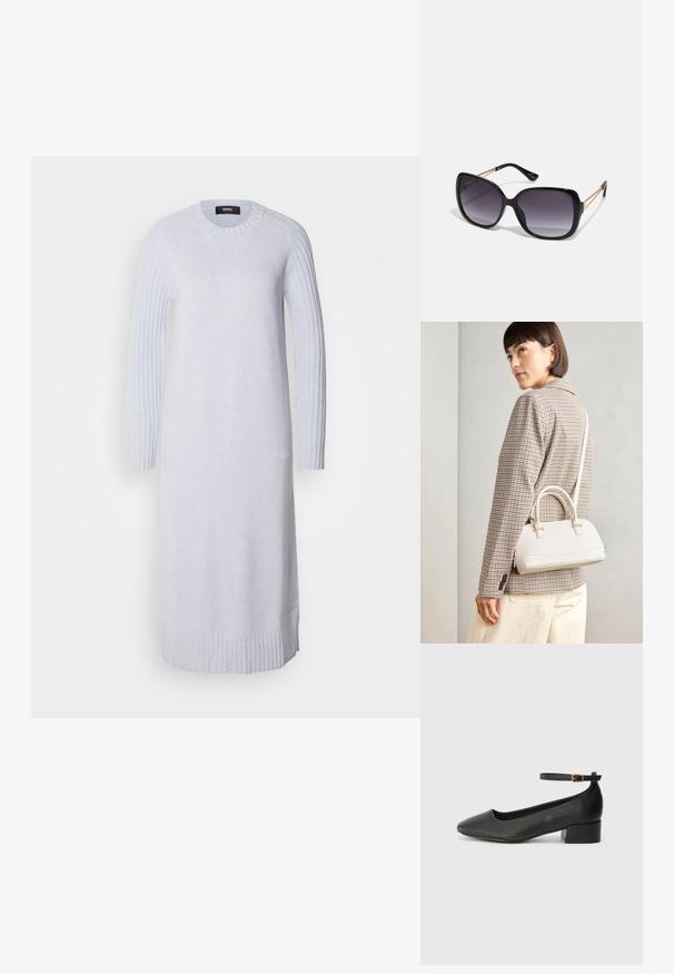 Vestido de malha cinza claro com mangas longas com sanefas e barra. Decote arredondado. Textura macia, silhueta reta, até ao joelho.; Sandal de pele preta com bico pontiagudo e um salto bloco baixo. Apresenta uma tira no tornozelo com uma fivela em tom dourado. Textura suave.; Óculos de sol oversized pretos com lentes degradê, armações grossas e detalhes em corrente dourada nas hastes.; Bolsa estruturada branca com alças curtas e uma alça de ombro, com detalhes em hardware dourado e material texturizado, exibida contra um fundo cinza.