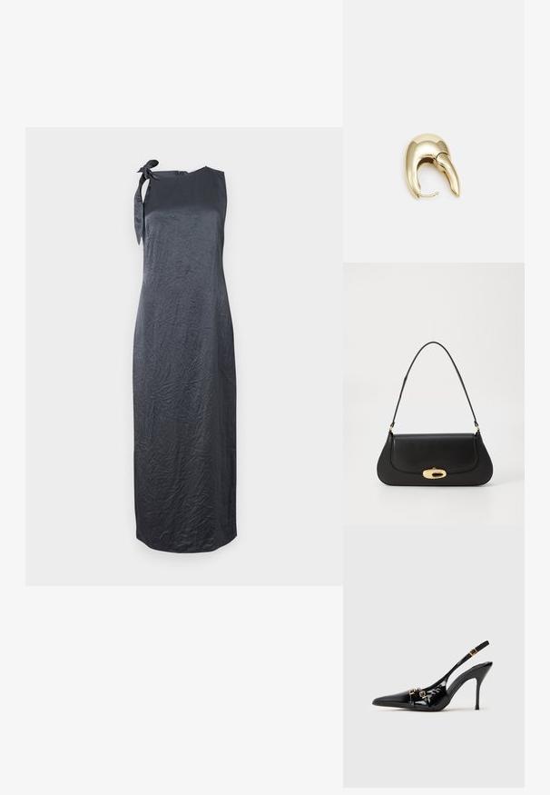 Čierne bezrukávové šaty s detailom na viazanie na ľavom ramene, vyrobené z hladkej, krčenej tkaniny, s rovnou siluetou a dĺžkou po kolená.; Čierne lodičky na vysokom podpätku so zrkadlovou kožou, špicatou špičkou, tenkým podpätkom a dekoratívnymi zlatými prackami na remienkoch.; Čierna kožená kabelka s prehnutým dizajnom, zlatými kovovými detailmi a horným uchom. Má elegantné zatvorenie a hladký povrch.; Náušnice z kovu v zlatej farbe s elegantným, zakriveným dizajnom. Majú charakteristický špicatý tvar, leštený povrch a uzáver na pánt.