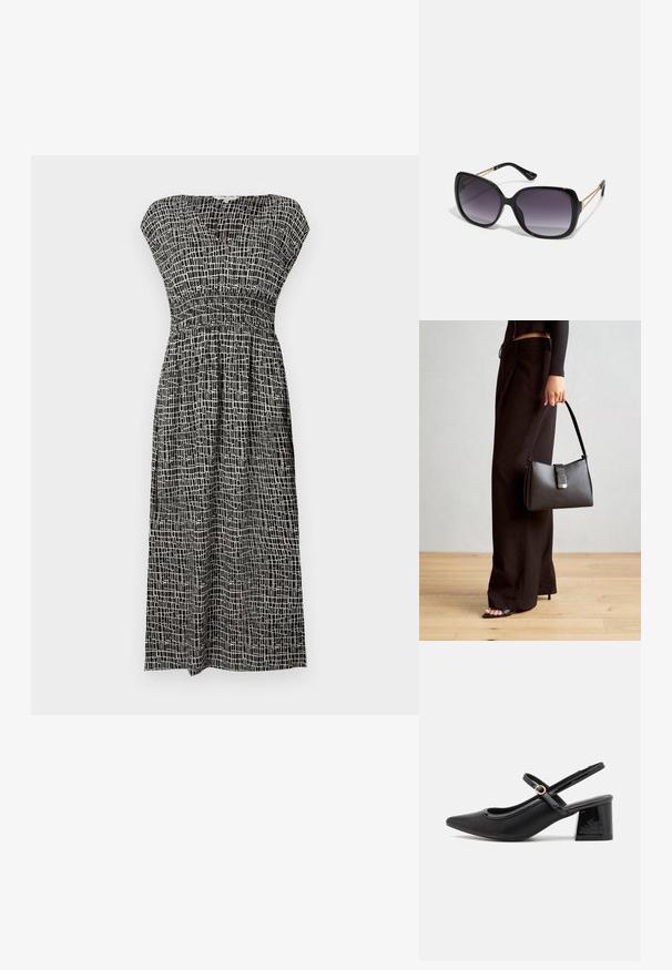 Mønstret kjole i sort og hvid med v-hals, korte ærmer, smocket liv og et svævende skørt, der når til midten af læggen.; Sorte patentlæder slingback hæle med spids tå, rund udskæring og blokhæl. Har en guldtonet spændeaccents.; Sorte oversized solbriller med gradientlinser, tykke stel og guldfarvet kæde detaljer på tempelarmene.; Sort håndtaske med struktureret form, glat overflade og metalspænde. Sammen med brede sorte bukser og sandaler med åben tå på trægulv.