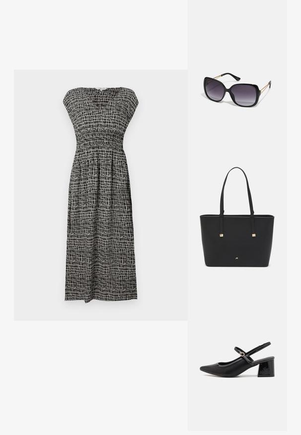 Melnā un baltā rakstainā kleita ar V veida izgriezumu, ar īsām piedurknēm, smockētu piedegu un plūstošu svārku, kas krīt līdz vidus teļa garumam.; Melns patentēts ādas sandales ar norādīta pirksta formu, noapaļotu izgriezuma dizainu un bloķētu papēdi. Iezīmēta ar zelta toņa sprādzi.; Melni pārmērīgi lieli saulesbrilles ar gradāciju lēcām, biezām rāmja malām un zeltainas krāsas ķēžu detaļām uz tempļiem.; Melnā somiņa, kas izgatavota no sintētiska materiāla, ar vienkāršu taisnstūra formu, zelta kvadrātveida akcentiem un divām rokturiem.