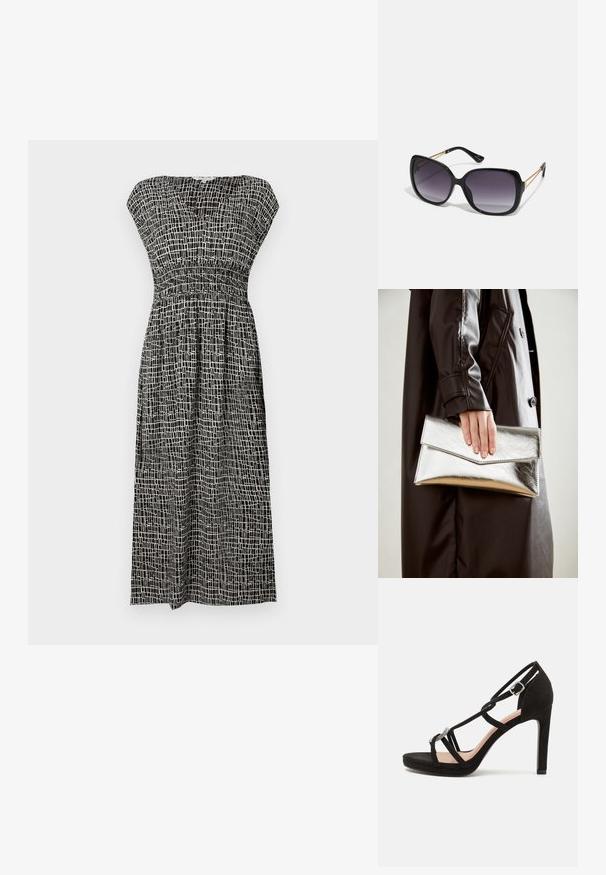 Robe à motifs noir et blanc avec un décolleté en V, manches courtes, corsage smocké et jupe fluide tombant au niveau du mollet.; Sandale à talons hauts en suede noir avec des brides croisées, un accent décoratif en métal argenté et une semelle à plateforme pour plus de hauteur.; Lunettes de soleil noires surdimensionnées avec des verres dégradés, monture épaisse et détails en chaîne dorée sur les branches.; Pochette métallique argentée avec un design d'enveloppe angulaire, texture lisse et couleur intérieure contrastante, tenue dans une main portant un manteau noir.