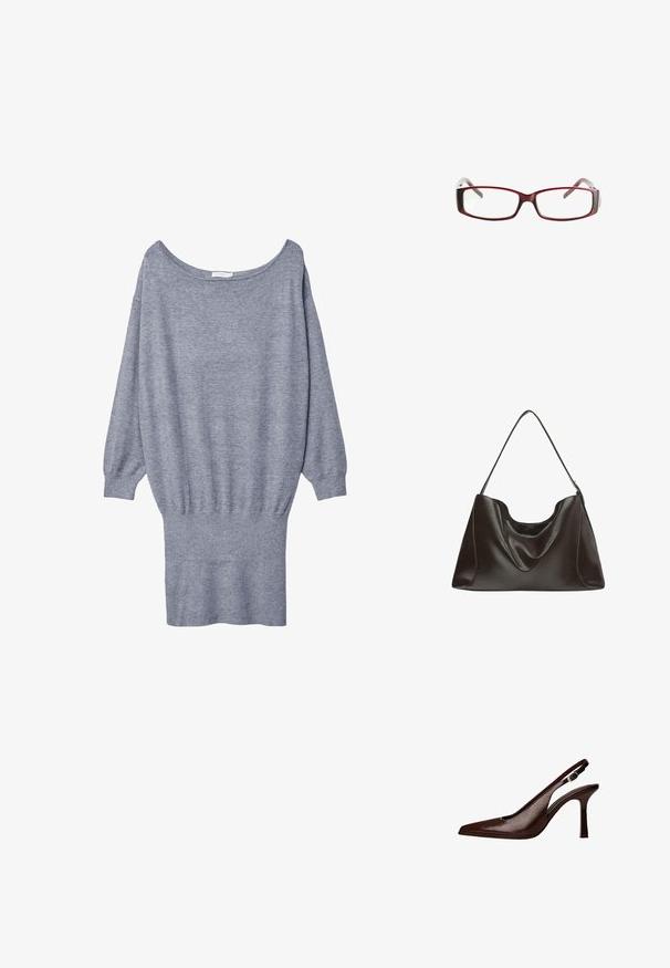 Grå sweaterkjole med en bred halsudskæring, lange ærmer og ribbet kant. Lavet af blødt, letvægtsmateriale med en afslappet pasform.; Brune læder slingback pumper med spids tå og en tynd hæl. Har en lille accentspænde på remmen og en blank finish.; Røde rektangulære briller med et sleekt design. Klare linser, let transparente stænger og en gradient-effekt fra rød til grå.; Stor mørkebrun lædertaske med en glat overflade, afslappet form og en enkelt skulderstrop. Har en buet topåbning.