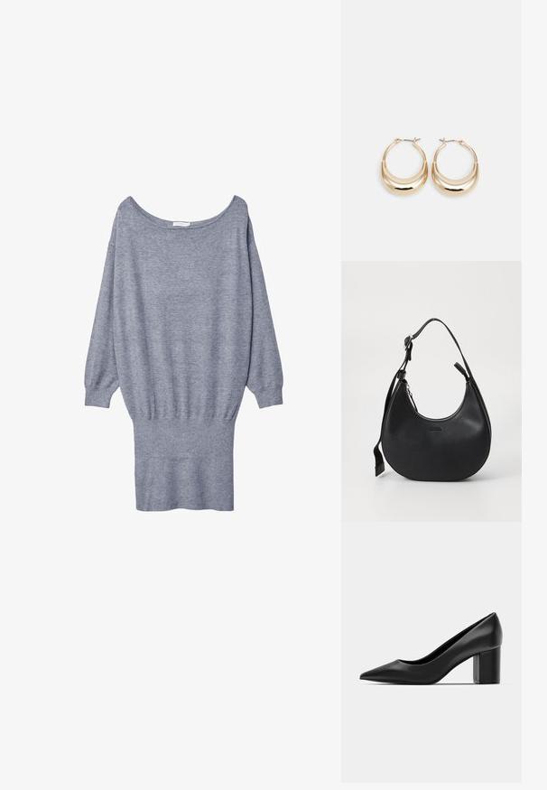 Robe pull grise avec un large col, des manches longues et un ourlet côtelé. Fabriquée en matériau doux et léger avec une coupe décontractée.; Escarpin en cuir noir avec un embout pointu et un talon carré épais. Texture lisse, design simple, adapté aux environnements formels.; Sac à épaule en cuir noir avec une forme arrondie, fermeture à glissière et bandoulière réglable. Présente un logo de marque en relief sur le devant.; Boucles d'oreilles créoles dorées en forme de croissant, avec une surface polie et un fermoir à charnière. La texture lisse et la finition réfléchissante améliorent la visibilité.