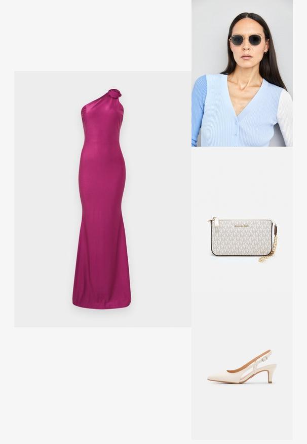 Fuksijas krāsas vienpusējā vakartērps ar gludu, spīdīgu audumu. Iezīmē ziedu mezgla detaļu uz pleca un pieguļošu sirēnas siluetu.; Baltas siksniņveida papēdis ar smailu purngalu, gludu augšējo materiālu, zemu blokpapēdi un sānu izgriezumu dizainu ar regulējamu sprādzi.; Apaļas saulesbrilles ar tumšiem objektīviem un zeltītām rāmēm. Modelis valkā gaiši zilu, ribotu kardigānu ar pogām un kontrastējošām baltām piedurknēm.; Michaela Korsa rokassomi bez̦ā īšojuma, kas izgatavota no apklāta kanvas, iekļaujot atkārtotu MK logotipa rakstu, zelta aparatūru un noņemamu ķēdes siksnu.