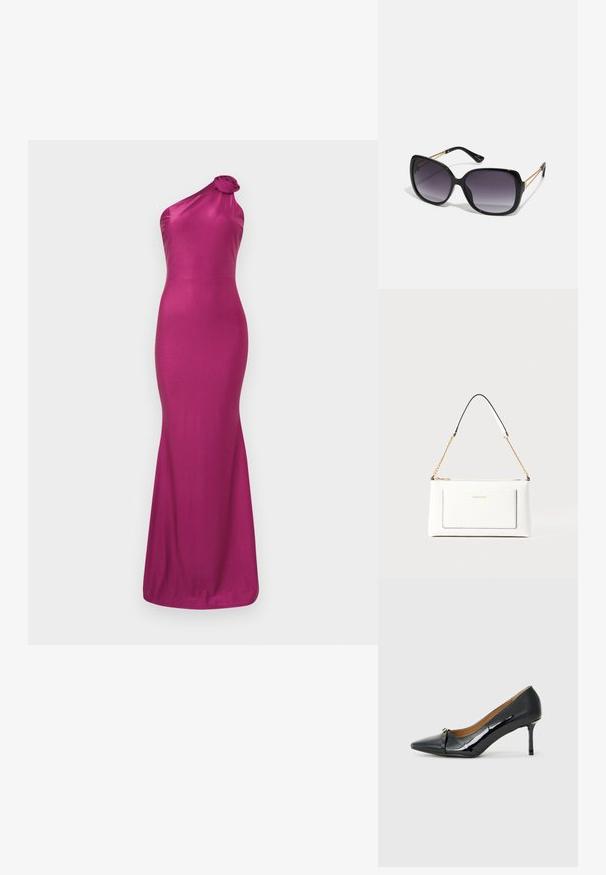Robe de soirée fuchsia à une épaule en tissu lisse et brillant. Présente un détail de nœud floral à l'épaule et une silhouette sirène ajustée.; Chaussure à talons hauts en cuir verni noir avec un bout pointu, détail de sangle décorative à l'avant et un fin talon aiguille.; Lunettes de soleil noires surdimensionnées avec des verres dégradés, monture épaisse et détails en chaîne dorée sur les branches.; Sac à main en cuir blanc avec un fini texturé, doté d'une bandoulière en chaîne dorée et d'accents noirs. Comprend une poche avant et une fermeture éclair.