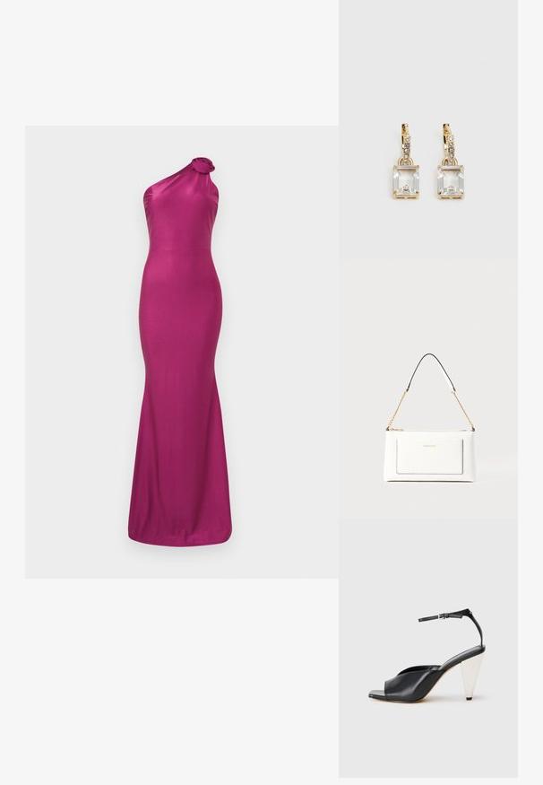 Robe de soirée fuchsia à une épaule en tissu lisse et brillant. Présente un détail de nœud floral à l'épaule et une silhouette sirène ajustée.; Sandale à talon haut en cuir noir avec bout ouvert, design asymétrique, bride de cheville et talon en forme de cône métallique. Texture lisse sur toute la surface.; Sac à main en cuir blanc avec un fini texturé, doté d'une bandoulière en chaîne dorée et d'accents noirs. Comprend une poche avant et une fermeture éclair.; Boucles d'oreilles en or lumineux avec un cristal rectangulaire transparent pendent sous une rangée de petits accents ronds transparents. Design élégant et moderne.