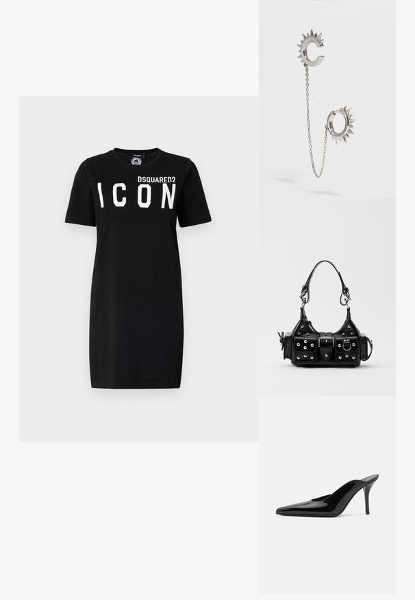 Sort bomulds t-shirt kjole med korte ærmer, rund halsudskæring og fed hvid "DSQUARED2 ICON" tekst på forsiden.; Sorte lakerede højhælede mulesko med spids tå og en slank silhuet, der har åben hæl og en slank stilettohæl.; Sort læderhåndtaske med et buet design, prydet med sølvfarvede nitter, en spænde og to sidelommer. Justerbar rem til forskellige bære muligheder.; Sølvøreringe med et pigget design; den ene ørering har en C-form, der er forbundet med en kæde til en rund ring med pigge.