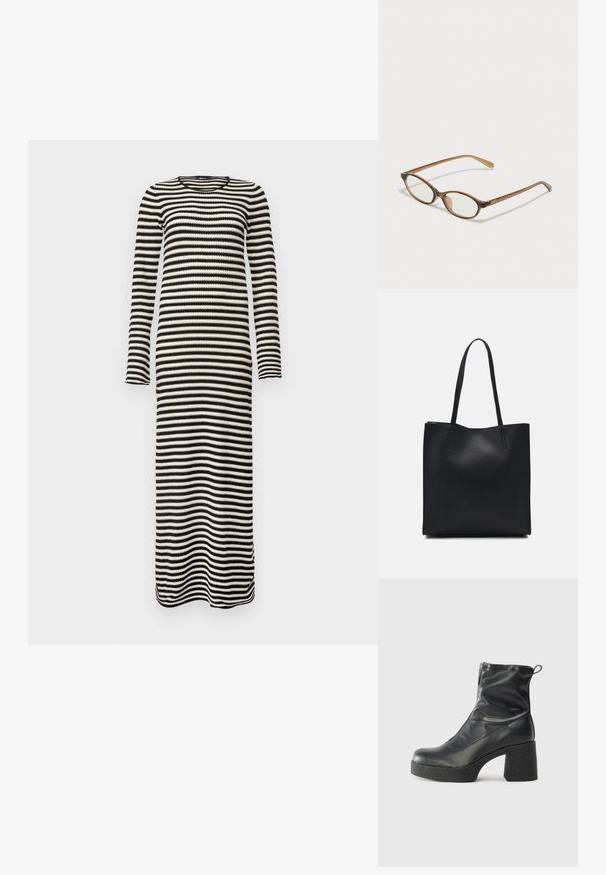 Gina Tricot POINTELLE DRESS - Vestido de malha - black/white; Botas de tornozelo pretas feitas de couro liso, com fecho lateral, salto grosso texturizado e design de bico arredondado.; Óculos tortoiseshell castanhos com lentes ovais, hastes finas e acabamentos transparentes. Apresenta um logótipo subtil na têmpora. Design elegante e leve.; Bolsa tote preta em couro com textura lisa, forma retangular e duas alças longas. Sem hardware ou enfeites visíveis.