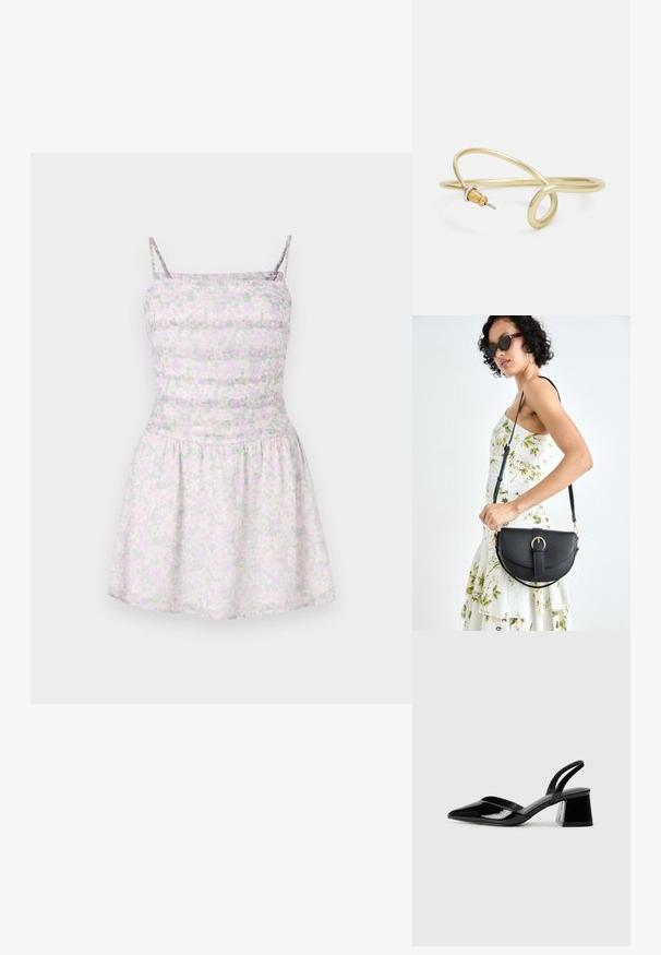 Gėlėtas suknelė su špageto petnešėlėmis, šviesiai violetinės ir žalios spalvos. Prigludusi liemenė su susiraukšlėjusia tekstūra, laisva sijonas, lengvas audinys.; Juodos lakuotos odinės šlepetės su smailiu pirštu ir geometriniu bloko kulnu. Turi elegantišką, minimalistinį dizainą ir lygų paviršių.; Juodas odinis krepšys su išlenkta forma, nuimamu dirželiu ir auksiniais detalėmis. Krepšys turi kilpą su sagtimi.; Auksinės spalvos metalinė apyrankė su skysčiu, kreipiančiu dizainu. Viename gale yra mažas, išsiskiriantis, sidabrinės spalvos akcentas.