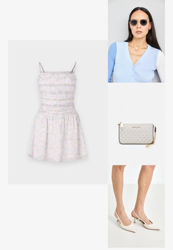 Gėlėtas suknelė su špageto petnešėlėmis, šviesiai violetinės ir žalios spalvos. Prigludusi liemenė su susiraukšlėjusia tekstūra, laisva sijonas, lengvas audinys.; Šviesiai pilkos, lakuotos odos slingback aukštakulniai su smailiu noseliu ir 5 cm kulnu, su išpjovomis šonuose ir plona kulkšnies juostele.; Apskriti saulės akiniai su tamsiais objektyvais ir auksiniais rėmeliais. Modelis vilki šviesiai mėlyną, raukinį kardiganą su mygtukais ir kontrastingomis baltomis rankovėmis.; Michael Kors rankinė smėlio spalvos dengto kanvoje su pakartotiniu MK logotipo raštu, auksinėmis detalėmis ir nuimamu grandininiu dirželiu.