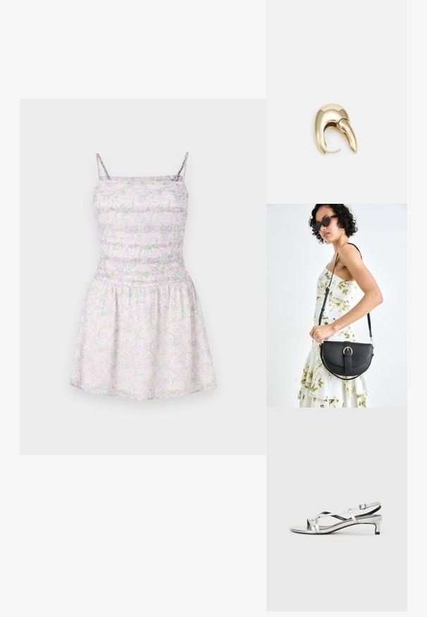 Blommönstrad klänning med spaghettispännen i ljuslila och grönt. Åtsittande kropp med rynkad textur, svag kjol, lätt tyg.; Silverfärgad metallisk slingback-sandal med låg klack, som har korsade remmar och en slät yta. Minimalistisk design.; Svart läderhandväska med en böjd form, avtagbar rem och guldiga detaljer. Väskan har ett lock med en spänndetalj.; Örhänge i guldtonad metall med en elegant, böjd design. Har en distinkt spetsig form, polerad yta och gångjärnslås.