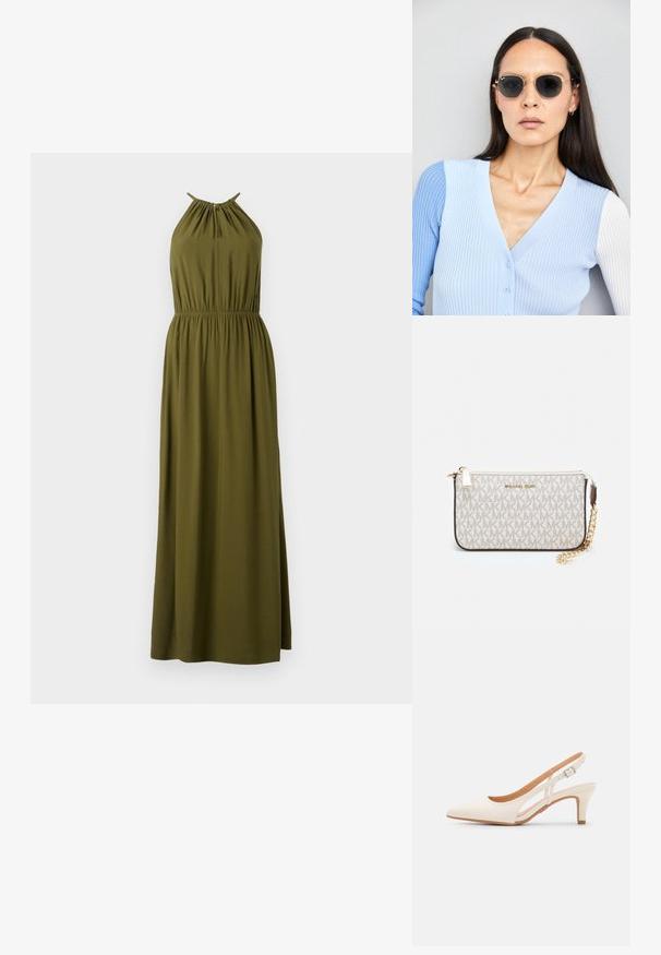 Olivově zelené, bezrukávové maxi šaty s halter krkem. Vybavené elastickým pasem a volným siluetou. Měkký textilní materiál.; Bílé lodičky na podpatku s špicatou špičkou, hladkým svrškem, nízkým blokovým podpatkem a designem s bočním výřezem se stahovací sponou.; Kulaté sluneční brýle s tmavými čočkami a zlatými rámy. Modelka má na sobě světle modrý žebrovaný kardigan s knoflíky a kontrastními bílými rukávy.; Kabelka na zápěstí Michael Kors v béžové potažené plátno s opakujícím se vzorem loga MK, zlatými kovovými doplňky a odnímatelným řetízkovým popruhem.