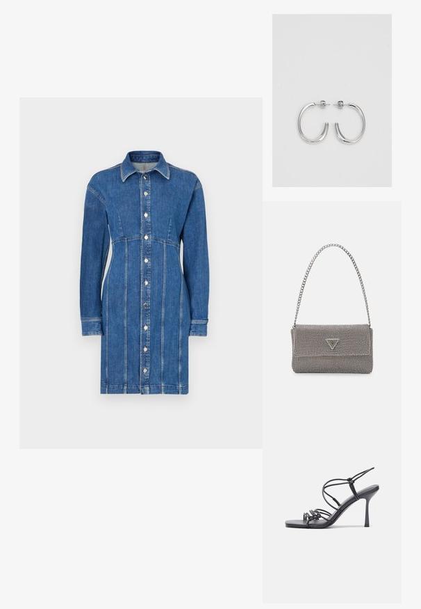 Denim-mekko keskisinisessä, jossa on nappikiinnitys edessä, pitkät hihat, kauluskoko ja pystysaumatyöstö.; Mustat korkokengät sandaalit, joissa on ohuet hihnat solmittuna, sileä neliön muotoinen varvasosa ja tyylikäs stiletto-korko.; Vaalea harmaa metallinen käsilaukku, jossa on ketjusanka. Laukku on koristeltu pienillä pyöreillä metallikoruilla ja kolmion muotoisella brändilogolla.; Hopehopeet hopehopeet hopehopeet hopehopeet, jolla on sileä, kiiltävä pinta. Pyöreä muoto, kevyt rakenne, jossa on neulakiinnitys.