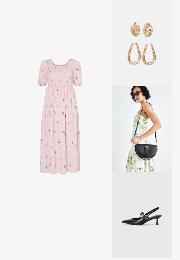 Růžové bavlněné maxi šaty s krátkými nabíranými rukávy, smockovaným trupem, vzorem květinové výšivky a splývavou sukní.; Černé lakované boty na podpatku typu slingback s špičatou špičkou a malým blokovým podpatkem, které mají na pásku stříbrný přezkový akcent.; Černá kožená kabelka s křivkovým tvarem, odnímatelným popruhem a zlatými detaily. Kabelka má klopu s přezkou.; Náušnice ve zlatém tónu s texturovanými, vlnitými tvary. Obsahují sochařské klipy a design otevřeného kruhu s kladivkovým povrchem.