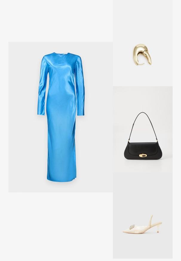 Garām piedurknēm, grīdas garuma kleita spīdīgā zilā satīnā. Tam ir apaļš kakla izgriezums un eleganta, piegulīga forma ar minimālām šuvēm.; Punta uz augšu, atverama kostīmu kurpe spīdīgā krēmkrāsā, ar rotājošu akcentu priekšpusē un plānu metālisku papēdi.; Melna ādas rokassoma ar izliekta dizaina elementiem, zelta krāsas detaļām un augšējo rokturi. Iezīmējas ar elegantu aizdari un gludu faktūru.; Zeltīti metāla auskari ar gludu, izliekta dizaina. Ar atšķirīgu smailu formu, pulētu virsmu un eņģu aizdari.