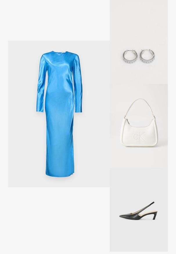 Hosszú ujjú, padlóhosszúságú ruha fényes kék selyemből. Kerek nyakkivágással és elegáns, testhez álló fazonnal rendelkezik, minimális varrásokkal.; Fekete, hegyes orrú, slingback cipő alacsony sarkával, sima bőrből készült, oldalt kivágott deisgnal a légáteresztőképesség érdekében.; Fehér bőrtáska ívelt formájú, elöl feltűnő "CK" logóval, egyetlen vállpánttal. Cipzáras zárás a tetején.; Ezüst fülbevalók, texturált mintával, függőleges barázdákkal. Kerek forma, biztos záródással. Sima felület.