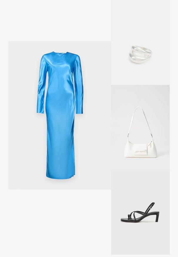 Ilga rankovė, grindų ilgio suknelė iš blizgančio mėlyno satino. Savybės apvalus iškirpimas ir elegantiškas, prie kūno prigludęs dizainas su minimaliais siūlais.; Juodi šlepetės su kvadratiniu pirštu ir žemu bloku kulnu. Yra keli ploni dirželiai ir reguliuojamas kulkšnies diržas. Pagaminti iš lygios odos.; Balta sintetinė rankinė trikampio formos, plokščiu priekiu su užsegimu, kaspino detale, reguliuojama dirželiu, lygia tekstūra ir minimalistišku dizainu.; Sidabrinis dvigubas žiedas su lygiu, poliruotu paviršiumi. Pasižymi sklandžiu, kreiptu dizainu su persipinančiomis dalimis, suteikiančiomis modernų išvaizdą.